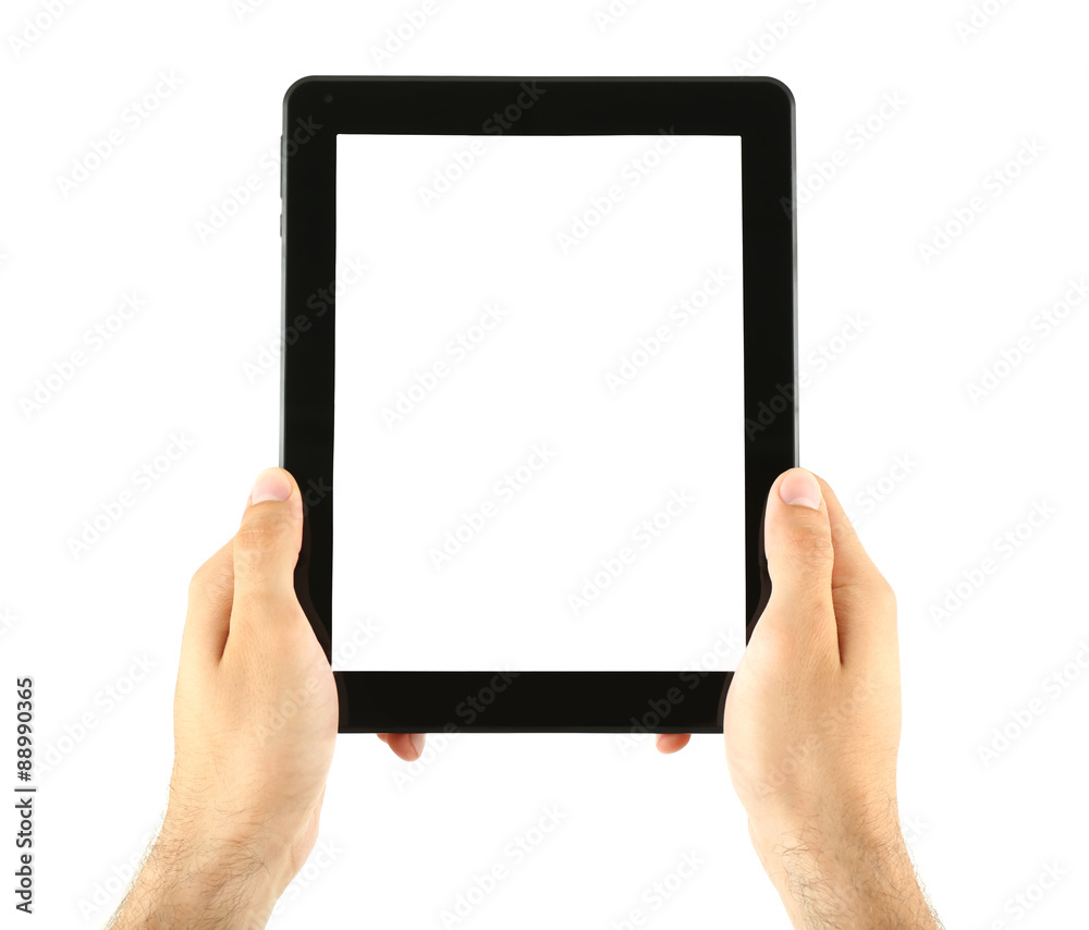 Male hands holding tablet isolated on white Male hands holding tablet isolated on white