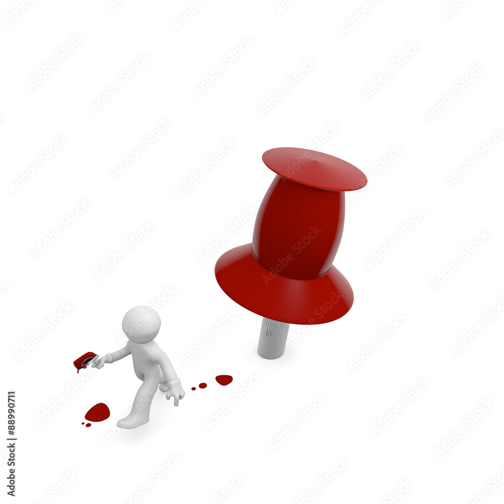 Painter with a brush painting a thumbtack in red Painter with a brush painting a thumbtack in red