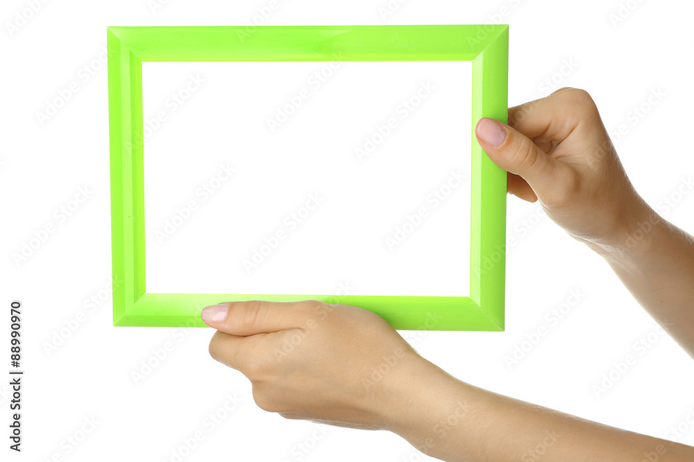 Female hands with wooden frame, isolated on white Female hands with wooden frame, isolated on white