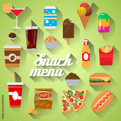 Snack Menu Flat design modern vector illustration of food, drink, coffee, hamburger, pizza, beer, cocktail, fastfood, cola, ice cream, potato chips, candy icons with long shadow