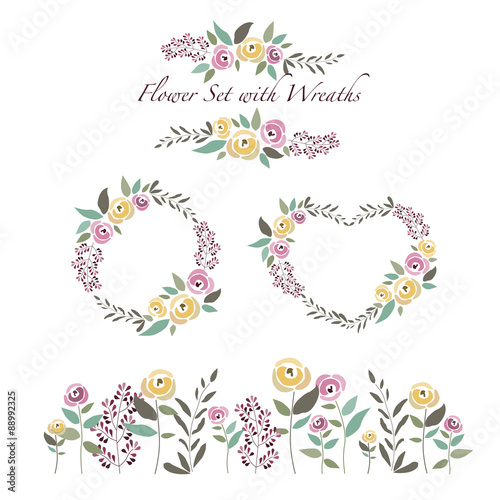 vector illustration of flowers and flower wreaths set in flat de