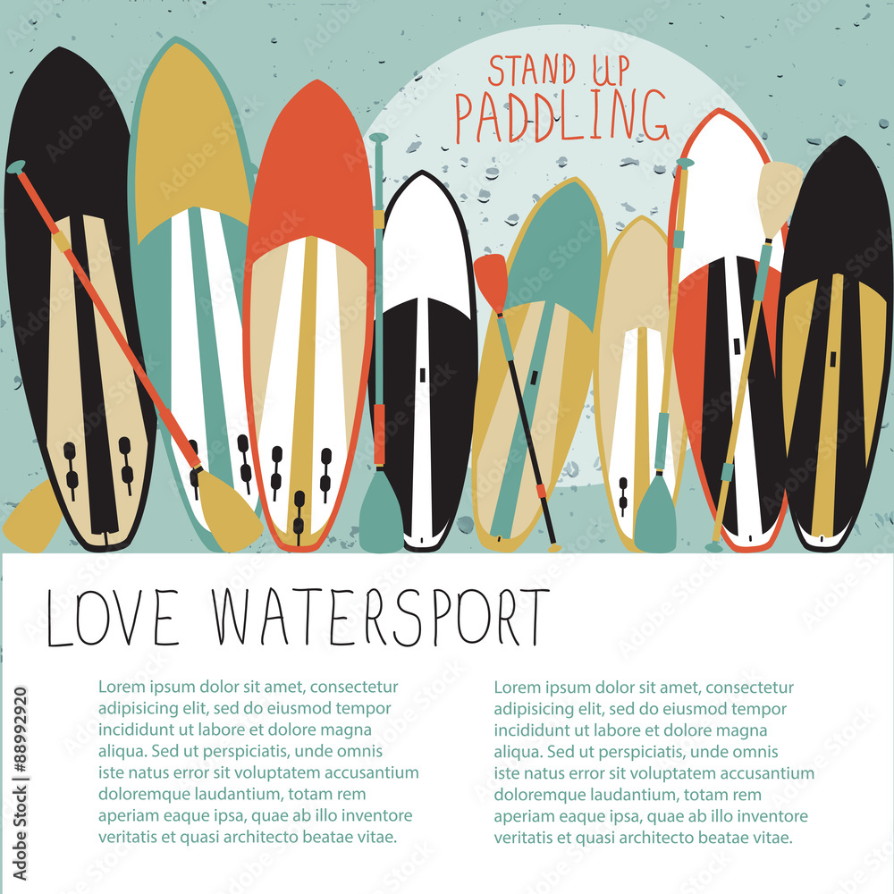 vector illustration of stand up paddle set in flat design style Stock