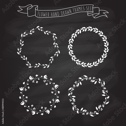 vector illustration of hand drawn flower and floral wreaths in f