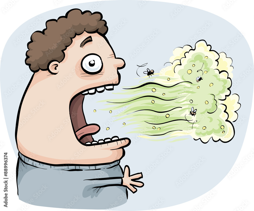 A cartoon man exhales a cloud of toxic, green bad breath into the air.  Stock Vector | Adobe Stock