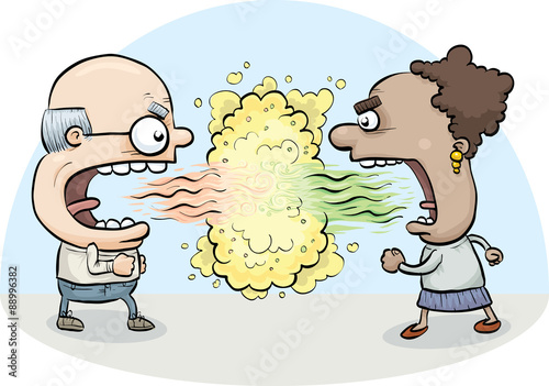 A cartoon man and woman argue and battle one another to a standoff with clouds of toxic bad breath.