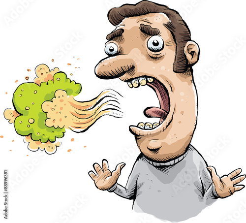 A sad cartoon man coughs up a cloud of toxic, green bad breath.
