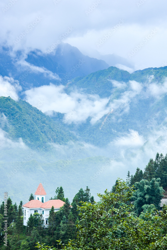 Sapa valley and Fansipan mountain in the mist