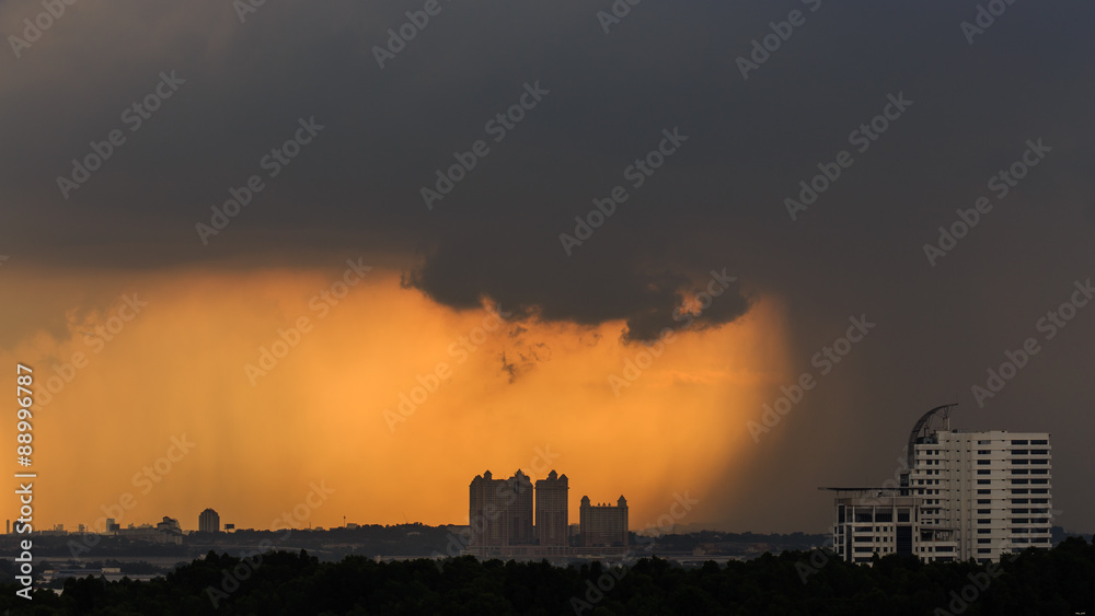Fototapeta premium Tropical Rain and Strong Wind in City