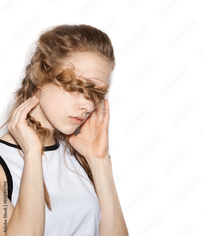 girl hipster with pigtails closing her eyes hair girl hipster with pigtails closing her eyes hair
