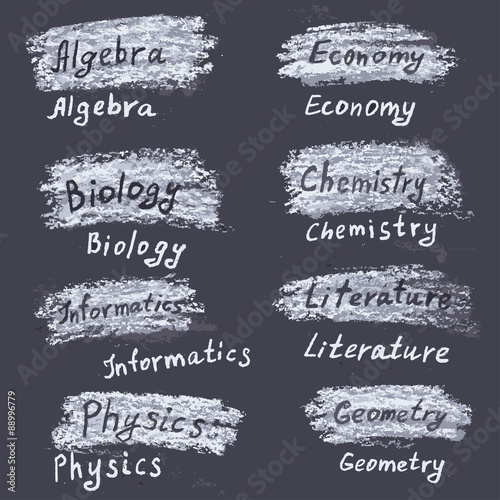Hand drawn names of subjects at the university. Chalk on the bla