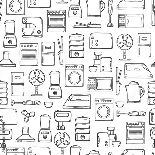 Seamless background with objects in hand drawn cartoon outline