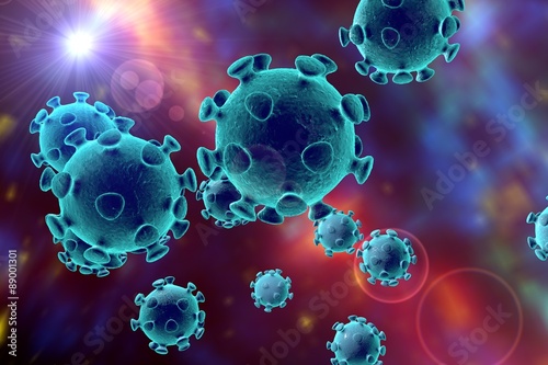 MERS virus. Digital illustration of Coronavirus, model of virus, virus which causes SARS and MERS, Middle East Respiratory Syndrome, realistic image of microbe, microorganism, microscopic view photo
