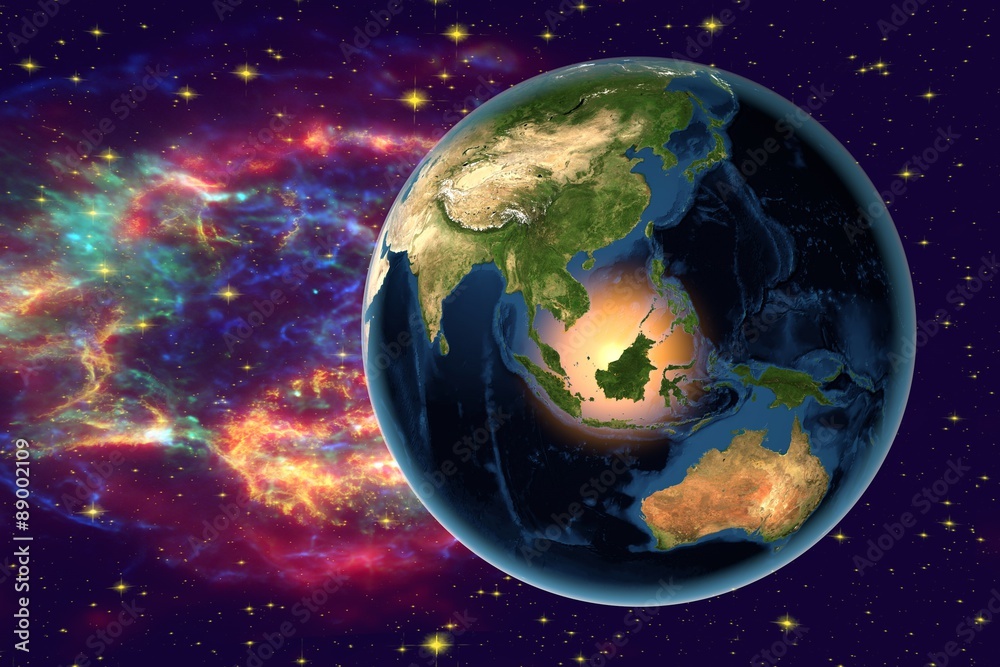 Obraz premium Planet Earth on the background with stars and galaxies, the Earth from space showing Indonesia, Australia, India and Malaysia on globe in the night time, elements of this image furnished by NASA