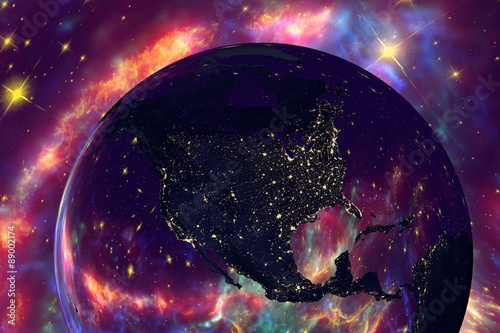 The Earth from space showing North America USA, Canada, Mexico on globe in the night time, galaxies are reflected in water, elements of this image furnished by NASA