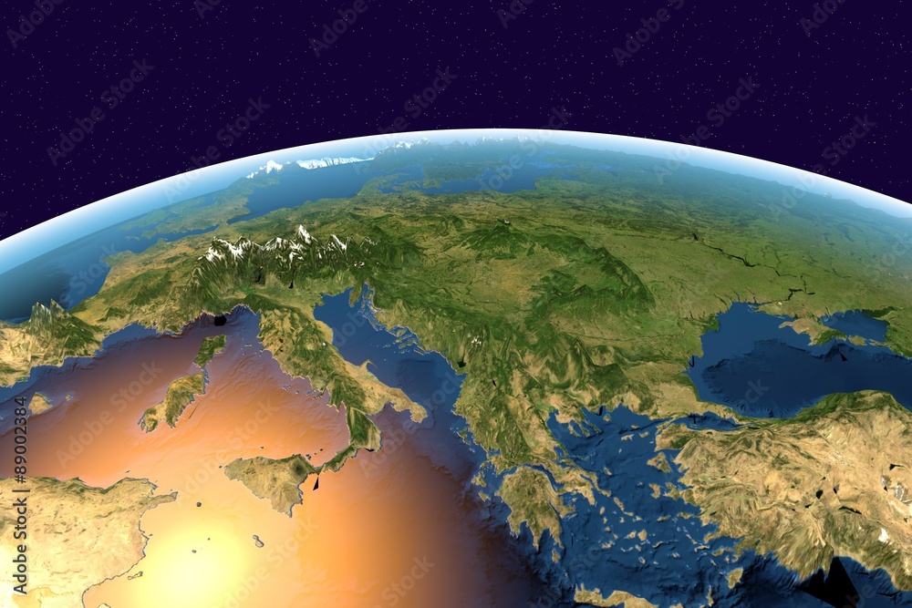 Planet Earth on background with stars, Earth from space showing Southern Europe, Mediterranean sea, Italy, Greece on globe in the day time, with enhanced bump, elements of this image furnished by NASA
