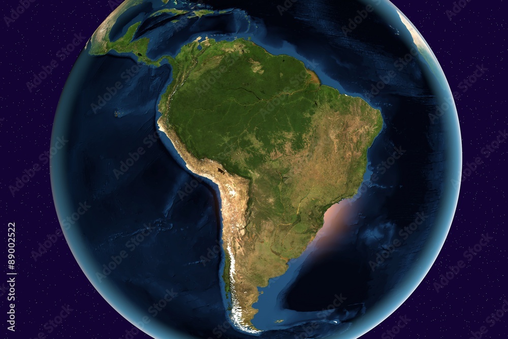 Planet Earth, the Earth from space showing South America, Brazil,  Argentina, Chile, Colombia, Uruguay, Paraguay, Amazon, rainforest on globe  in the day time, elements of this image furnished by NASA Stock  Illustration