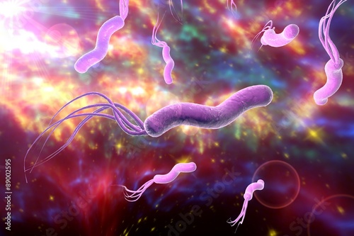Digital illustration of Helicobacter pylori on surrealistic space background, bacterium which causes gastric and duodenal ulcer on colorful background. Elements of this image are furnished by NASA photo