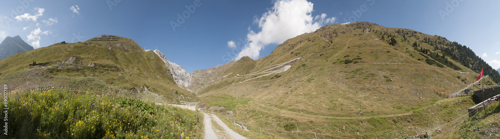 View of serpentine road of Stelvio Pass.