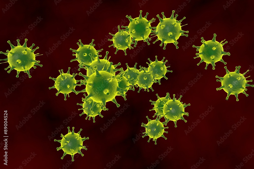Three-dimensional drawing of virus in blood, model of virus on dark red background, background with viruses