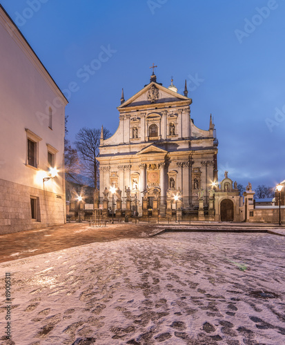 Krakow, Poland, baroque church of st Peter and Paul in blue hour, winter morning. © tomeyk
