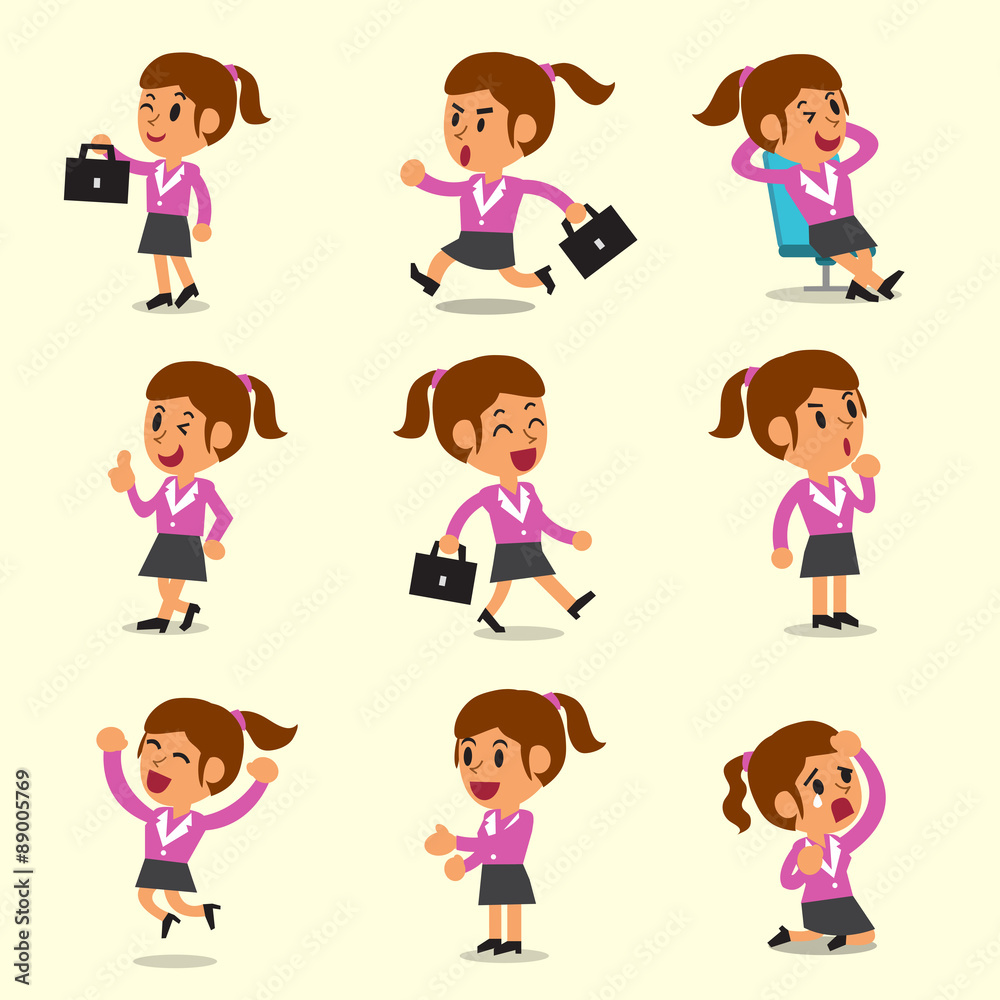 Cartoon businesswoman character poses on yellow background for design. Cartoon businesswoman character poses on yellow background for design.