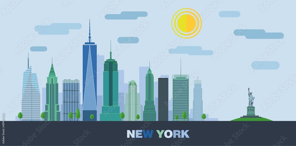 The landscape of skyscrapers of New York City with the statue of liberty. Vector flat illustration . - obrazy, fototapety, plakaty 