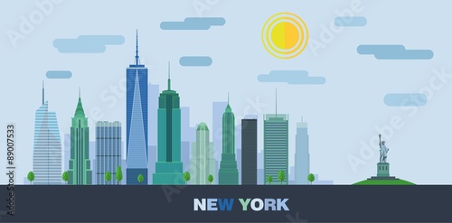 The landscape of skyscrapers of New York City with the statue of liberty. Vector flat illustration .
