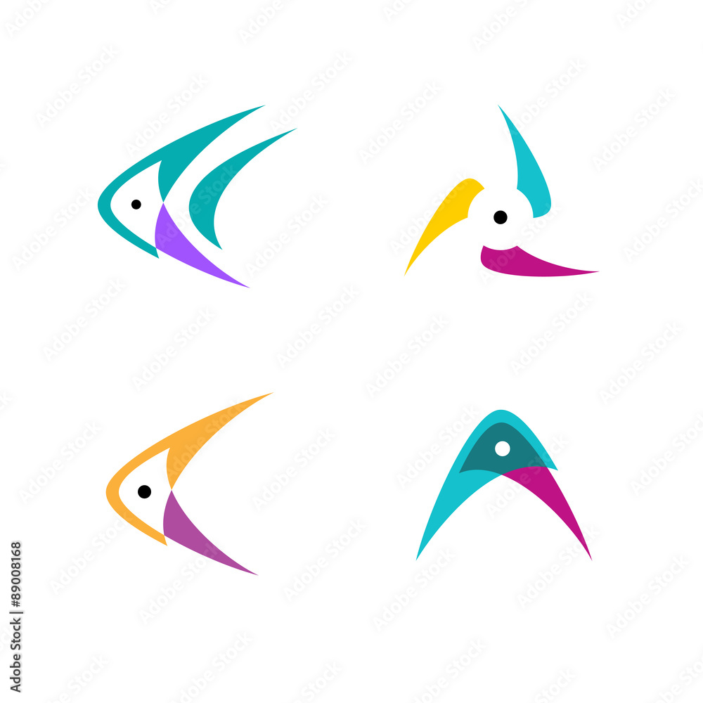 Logo design. Fish, arrow, fan and mountain concept. Logo design. Fish, arrow, fan and mountain concept.