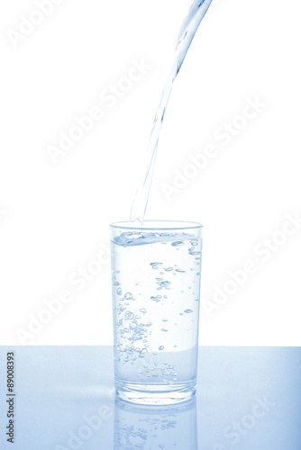 Pouring water from bottle into glass on white background.