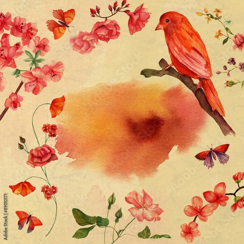 Vintage style background with flowers and a bird