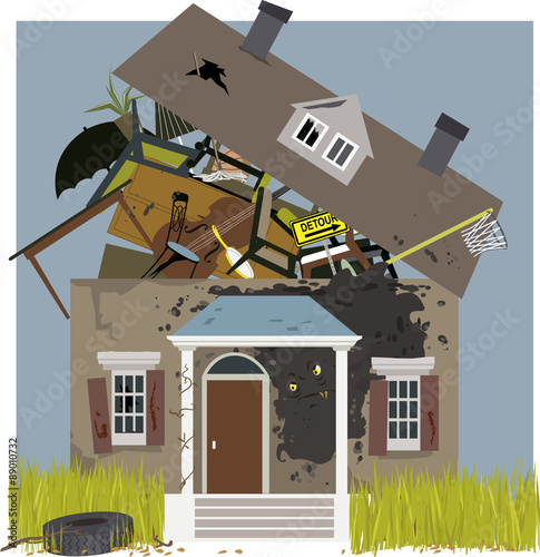 Mold monster creeping on a house, bursting with  junk, vector illustration, no transparencies, EPS 8