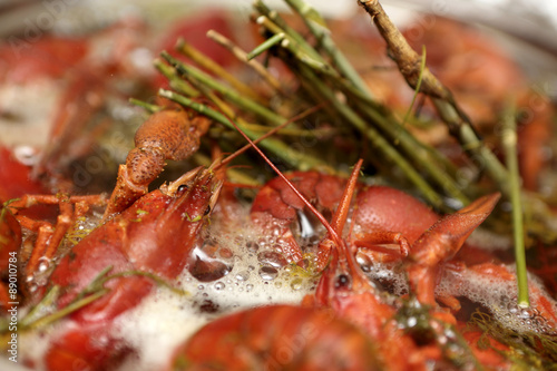 Boiled crayfish in the pan