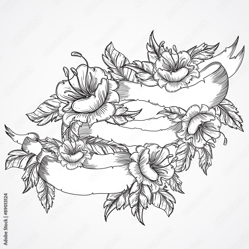 Vintage floral highly detailed hand drawn bouquet of flowers and ribbon