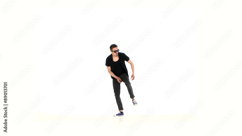 Teenager dancing break dance boy in stylish sunglasses, on white Teenager dancing break dance boy in stylish sunglasses, on white