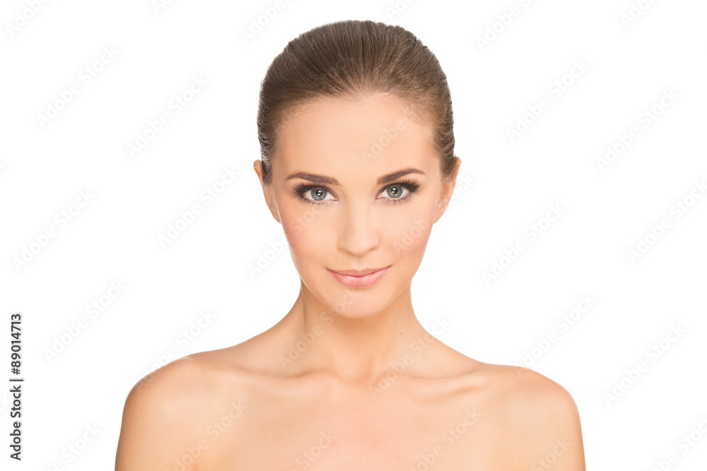 Side portrait of beautiful smiling woman with clean face Side portrait of beautiful smiling woman with clean face