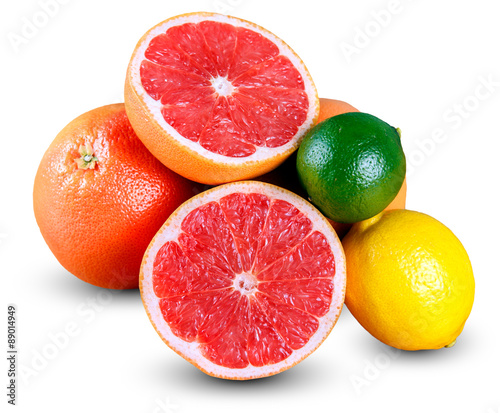 Fresh Grapefruit juicy slice. with Green  Yellow Lime. isolated on white background