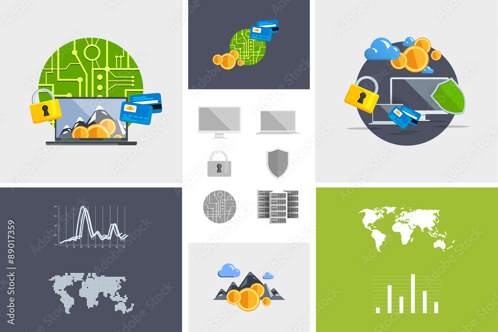 Naklejka premium Flat modern design vector illustration and icon. Concept electronic commerce. Bitcoin mining. Cloud technology. Virtual money. Infographic Element. Network Earnings. Digital World map, graph, diagram.