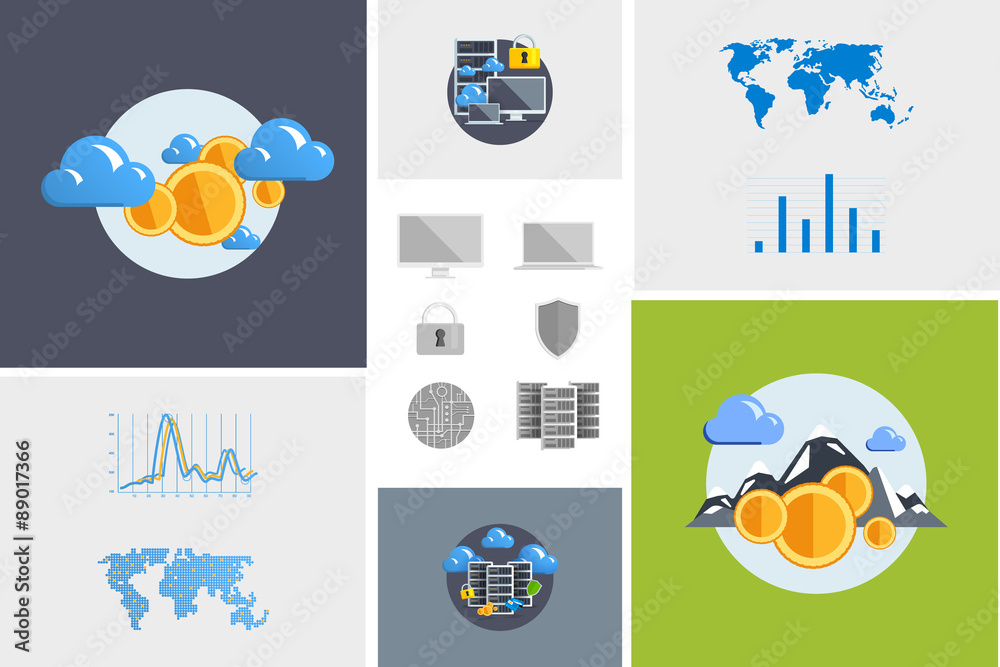 Flat modern design vector illustration and icon. Concept electronic commerce. Bitcoin mining. Cloud technology. Virtual money. Infographic Element. Network Earnings. Digital World map, graph, diagram.