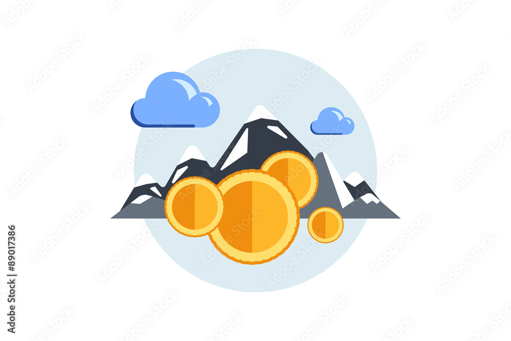 Isolated flat color vector illustration on light background. Visualization concept electronic commerce, mining Bitcoin. Cloud technology. Virtual money. Elements for infographics. Earnings in network.