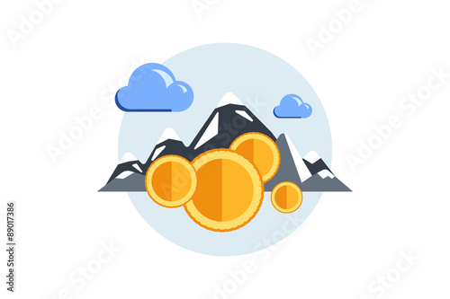 Isolated flat color vector illustration on light background. Visualization concept electronic commerce, mining Bitcoin. Cloud technology. Virtual money. Elements for infographics. Earnings in network.