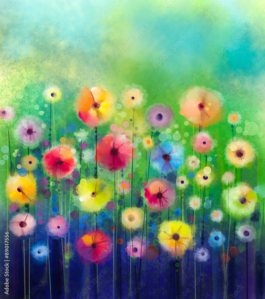 Obraz premium Abstract floral watercolor painting. Hand paint Yellow and Red flowers in soft color on green color background.Spring flower seasonal nature background