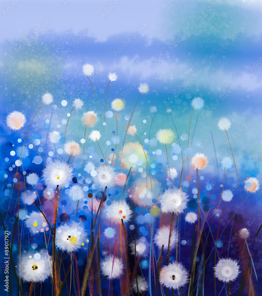 Obraz premium Streszczenie obraz olejny białe kwiaty pole w delikatnym kolorze. Obrazy olejne biały kwiat mniszka lekarskiego na łąkach. Wiosna kwiatowy sezonowy charakter z niebiesko-zielonym wzgórzem w tle.