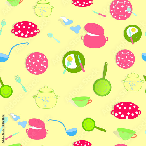 Seamless Background with Kitchen Cooking Utensils and Dishes