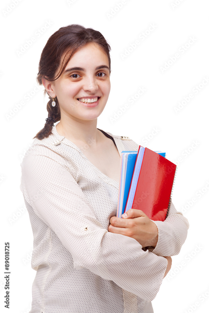 Cute female student looking to the camera, isolated on white bac Cute female student looking to the camera, isolated on white bac
