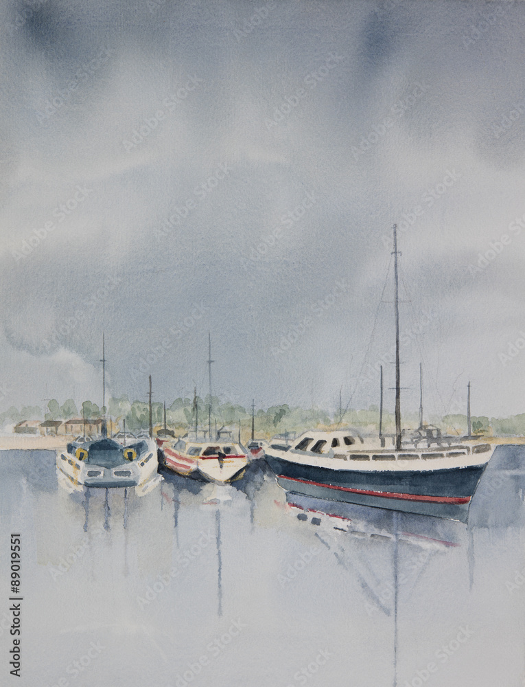 Fototapeta premium Original watercolour, boats moored in the harbour.