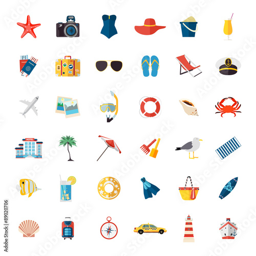 Set of colorful summer vacation, beach, seaside marine isolated