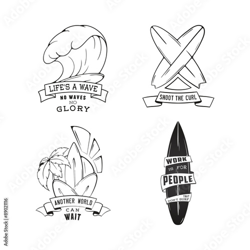 Modern Sketch isolated set of surfing illustration logo emblem with lettering. Design element, Logo.