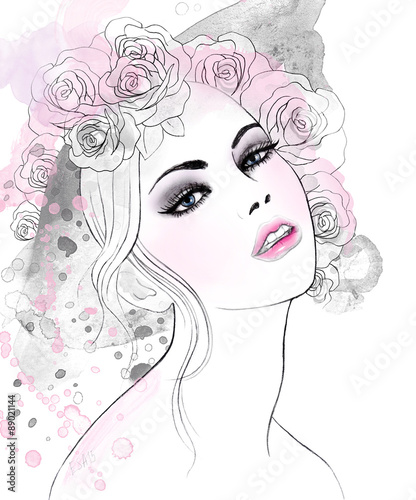 Портрет девушки с цветами.Авторский рисунок карандаш,акварель.