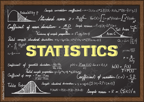 Hand drawn formulas in Statistics subject on chalkboard.