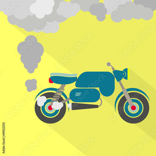 Motorcycle steaming the exhaust pipe. Air pollution. Flat design with long shadow.